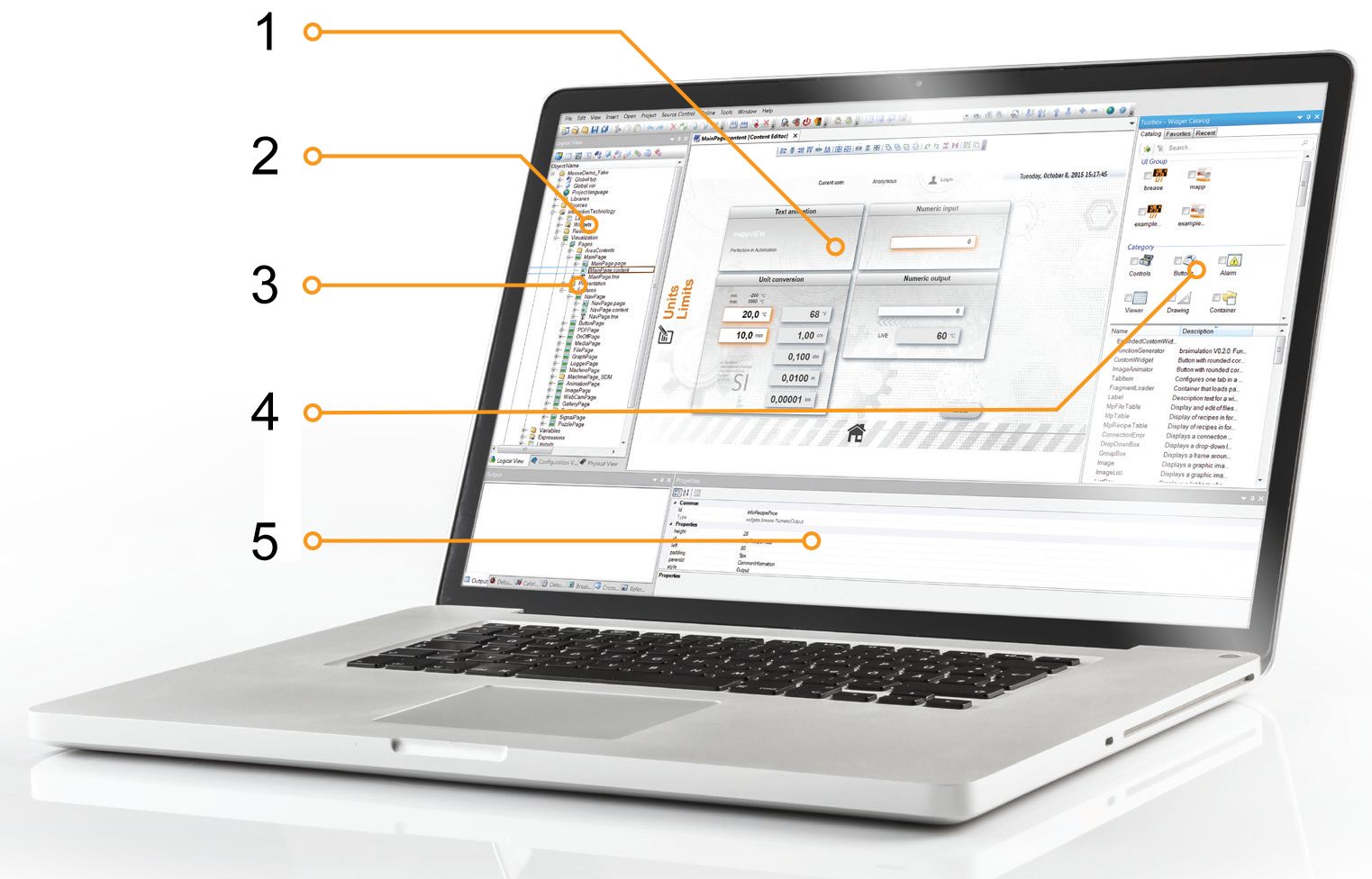 WYSIWYG HMI editor shown inside an automation engineering environment on a laptop with project navigation, visual editing, and widget tools.