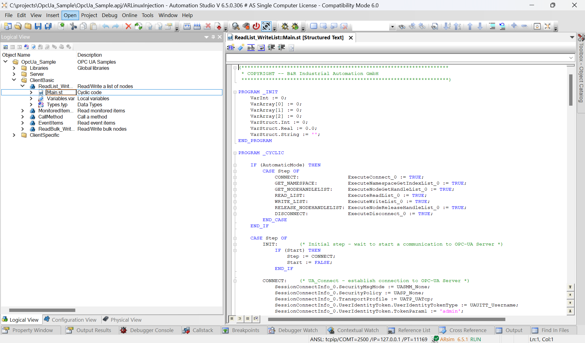 Classic Automation Studio engineering environment showing a structured text project and tree-based automation project navigation.